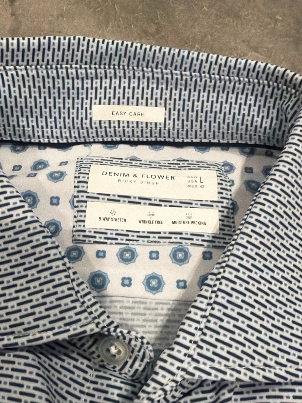 Denim & Flower Light Blue Pattern Golf Button-Down Shirt No Iron Moisture Wick